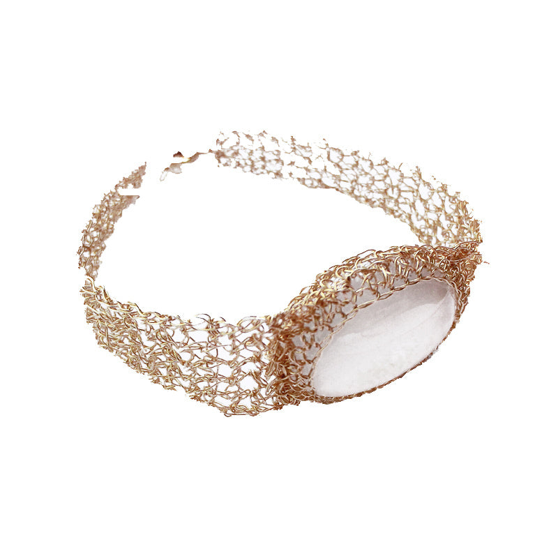 14k Gold Wire Natural White Chalcedony Bracelet with delicate gold wire mesh and a prominent white chalcedony stone centerpiece