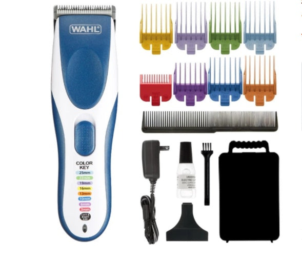 Wahl hair trimmer set with attachments on a white background