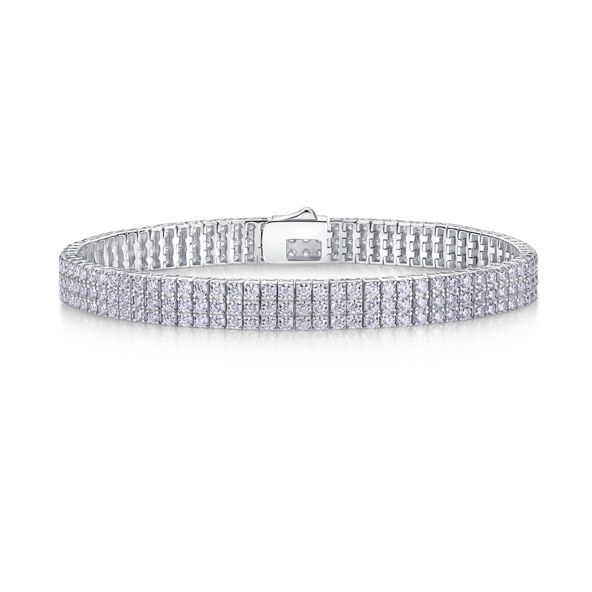 Silver bracelet with clear stones on a white background