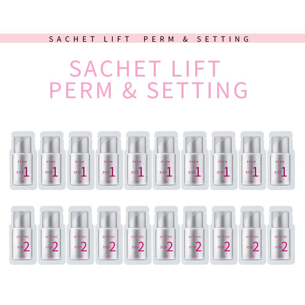 Set of Sachet Lift Perm & Setting products on a white background with pink text.
