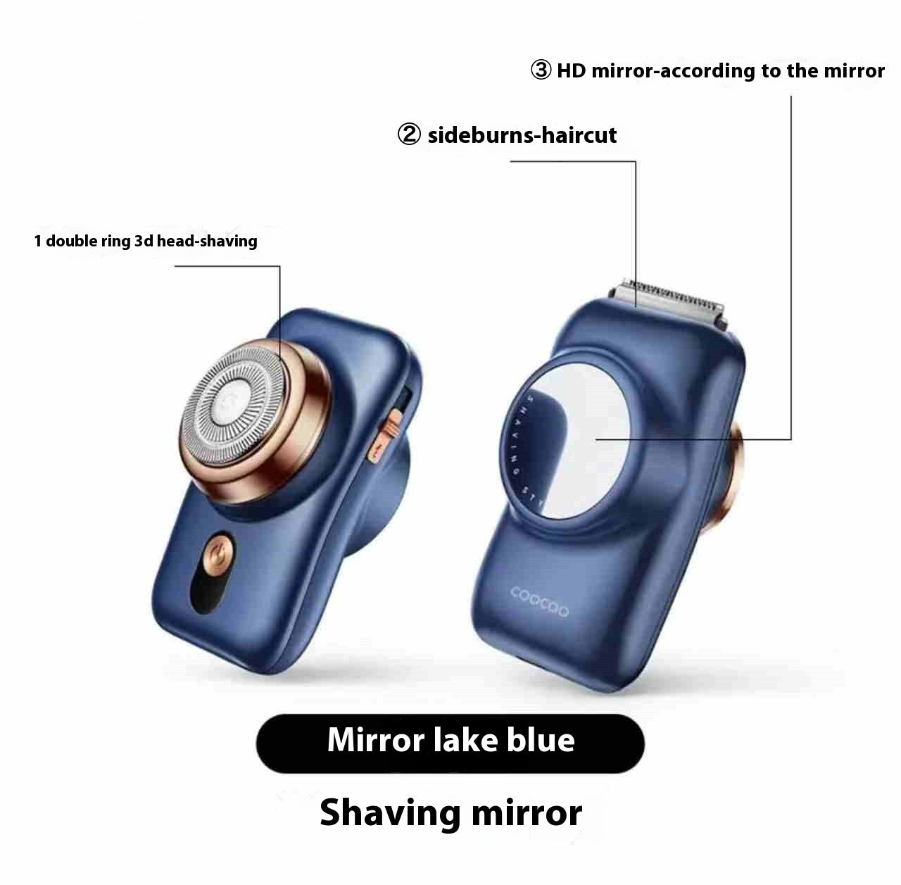 Blue shaving mirror with features labeled on a white background