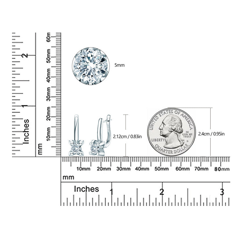 Diamond earrings with size measurements shown on a white background
