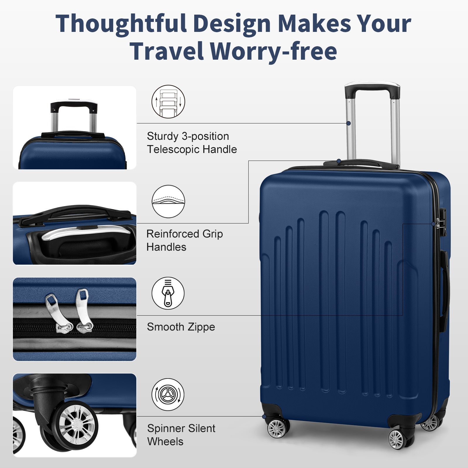 Blue suitcase with features highlighted on a white background