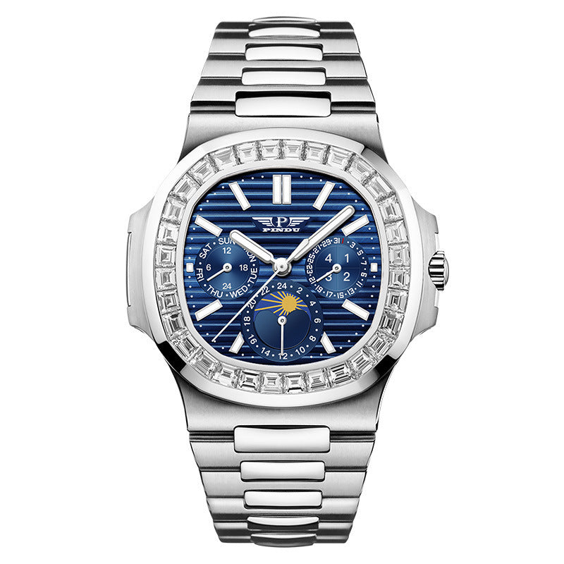 Silver watch with a blue face and diamond accents on a white background