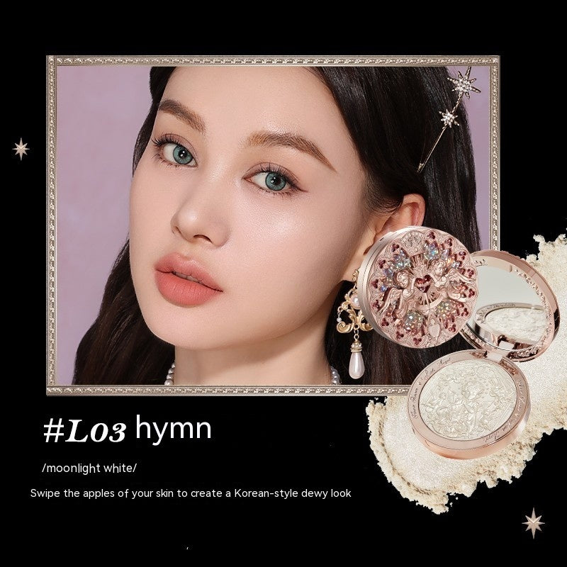 Makeup product with decorative packaging and a model wearing earrings, set against a black background.