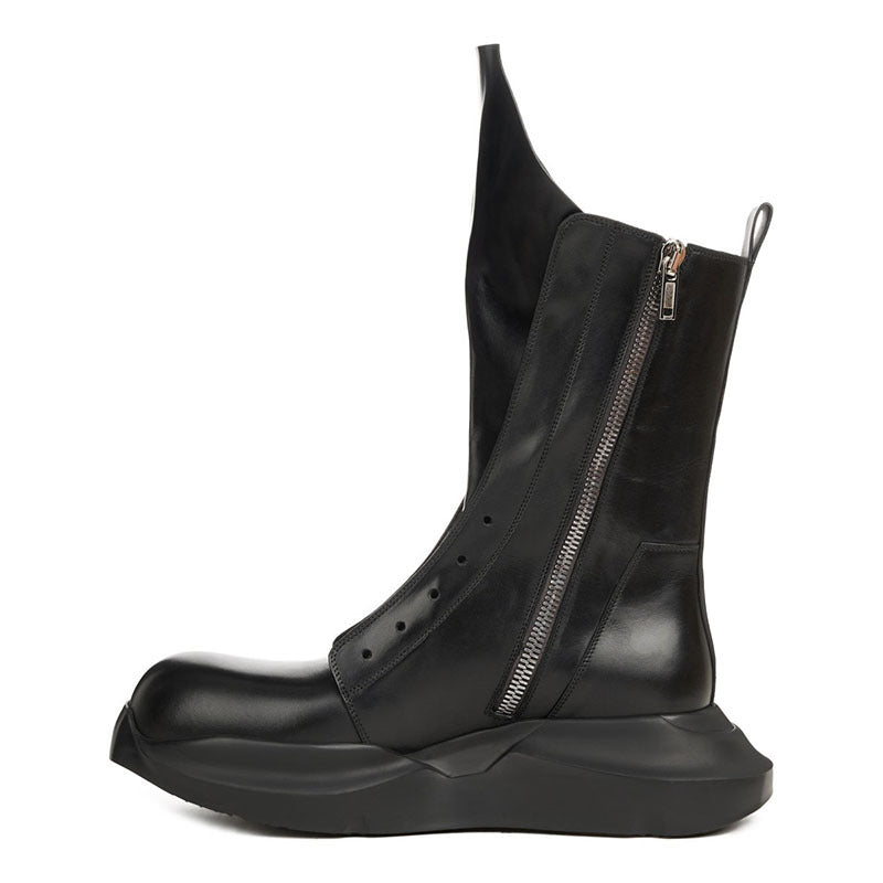 Black leather boot with a zipper on a white background