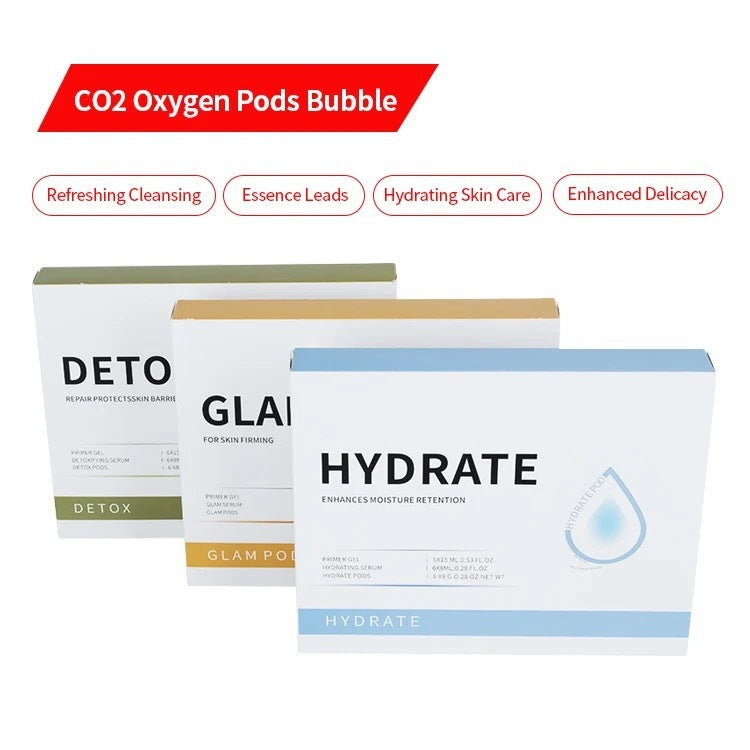 CO2 Oxygen Pods packaging with 'Detox', 'Glow', and 'Hydrate' labels on a white background.