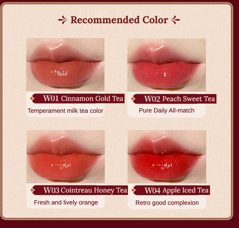 Lip color swatches with names and descriptions on a beige background