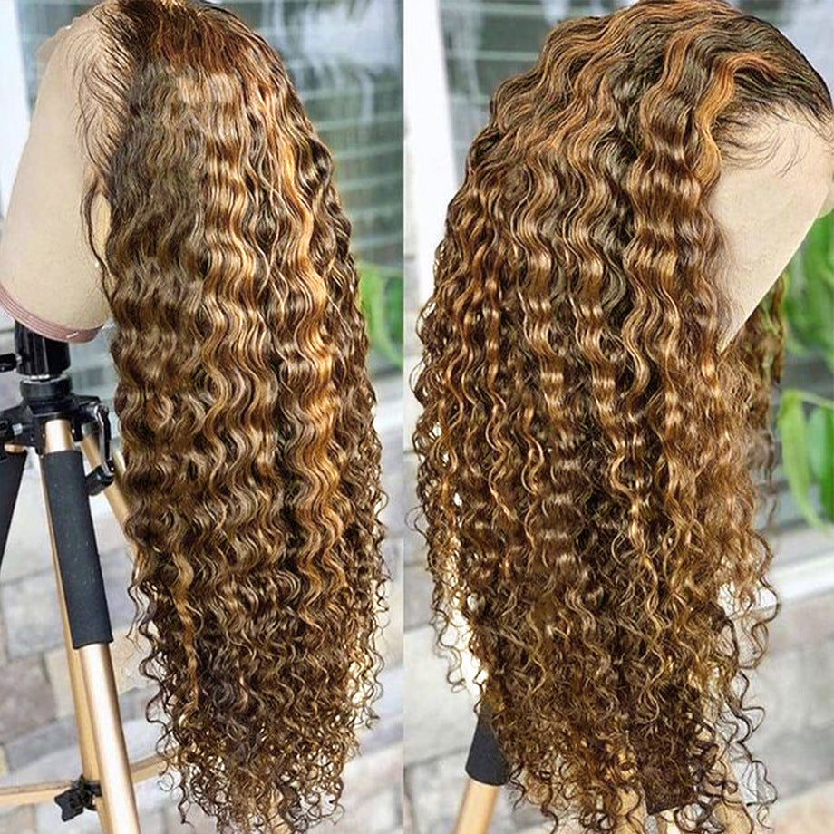 Two views of a curly hair wig with a blurred background