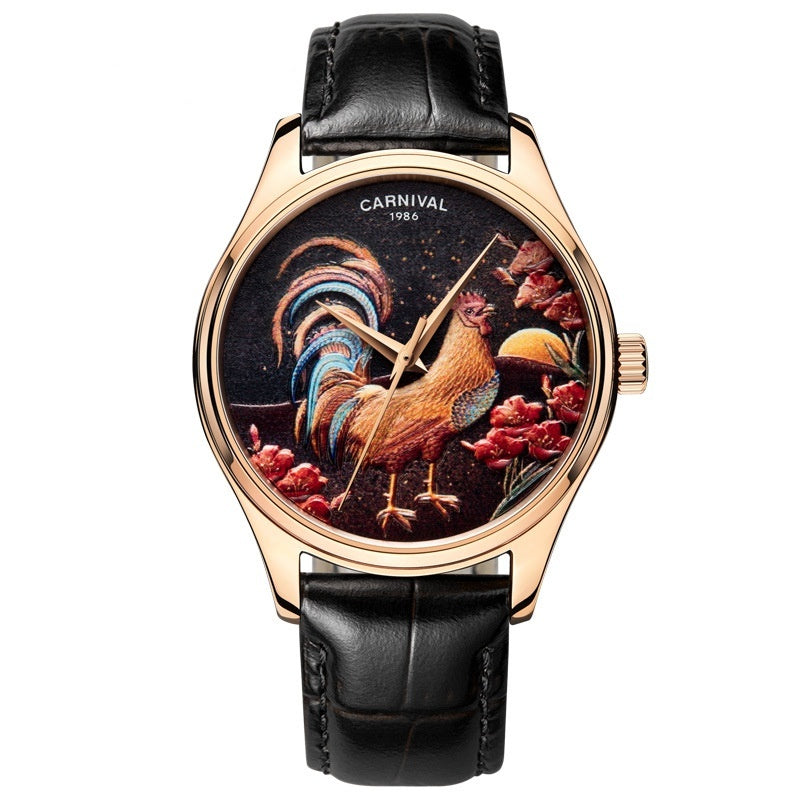 Watch with rooster design on the dial against a white background