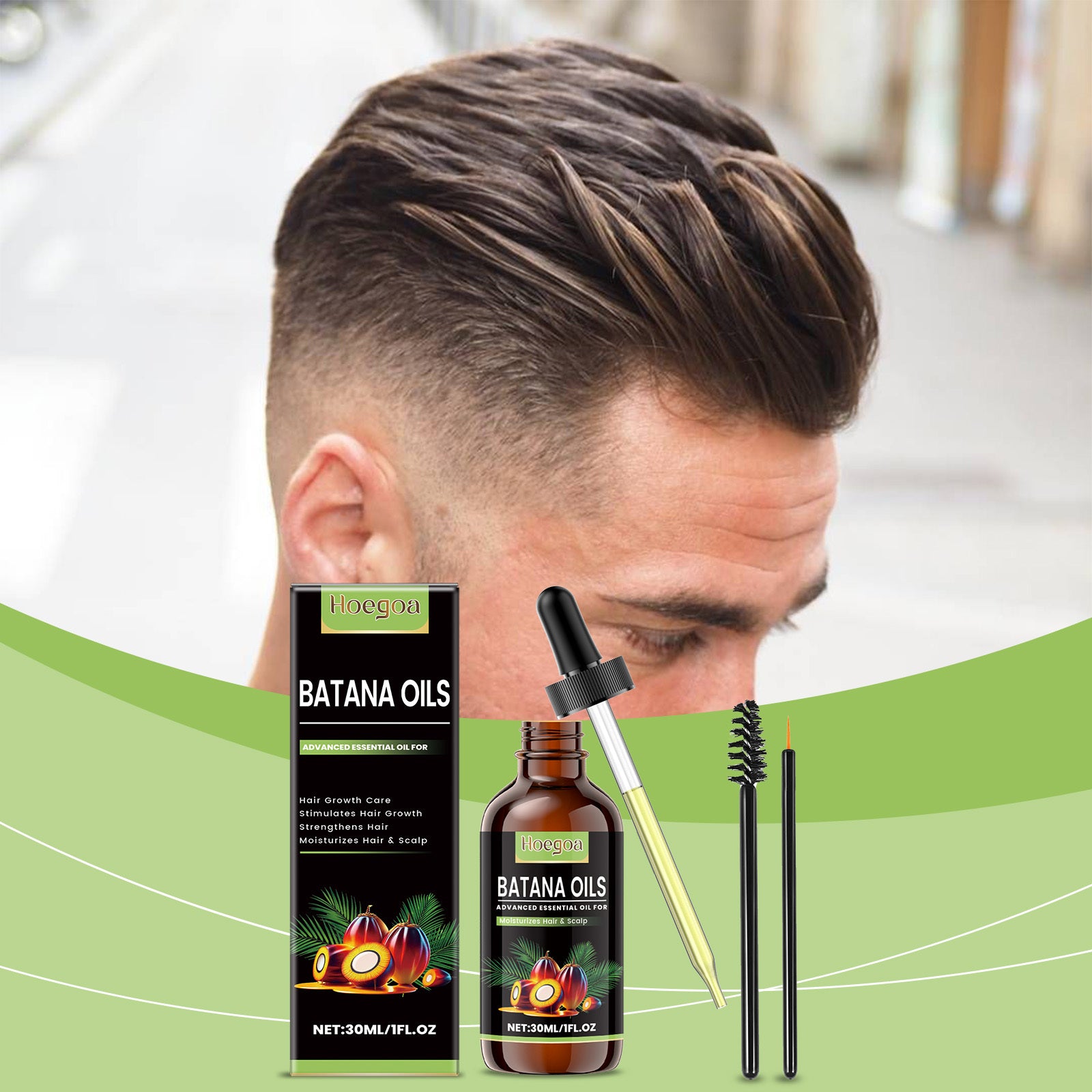 Batana Oils hair care product set with a mannequin head and green background
