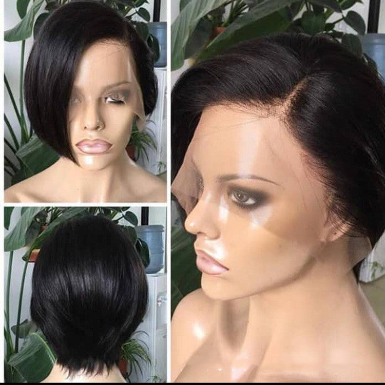 Collage of a black bob wig on a mannequin head with a blurred background
