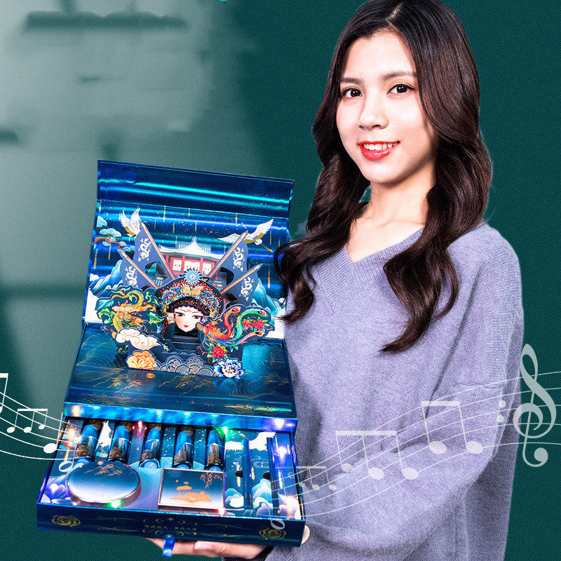Woman holding a colorful box with musical notes around it