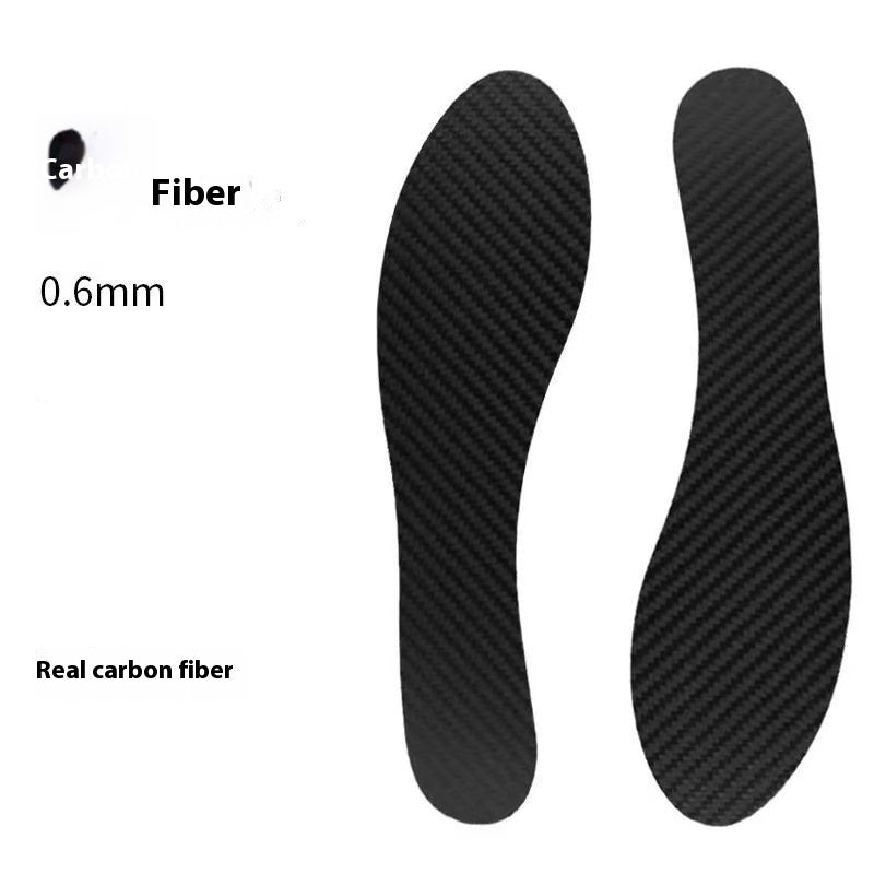 Carbon fiber shoe insoles with fiber label and thickness measurement on a white background