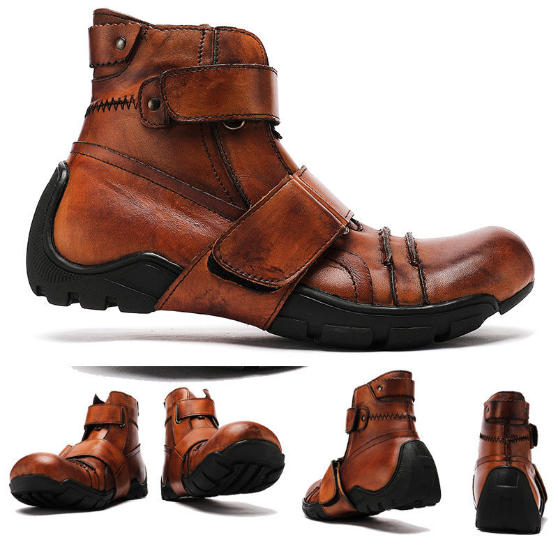 Brown leather boot with black sole on a white background