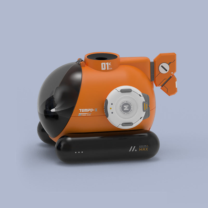 Orange and black robot-like device on a light gray background