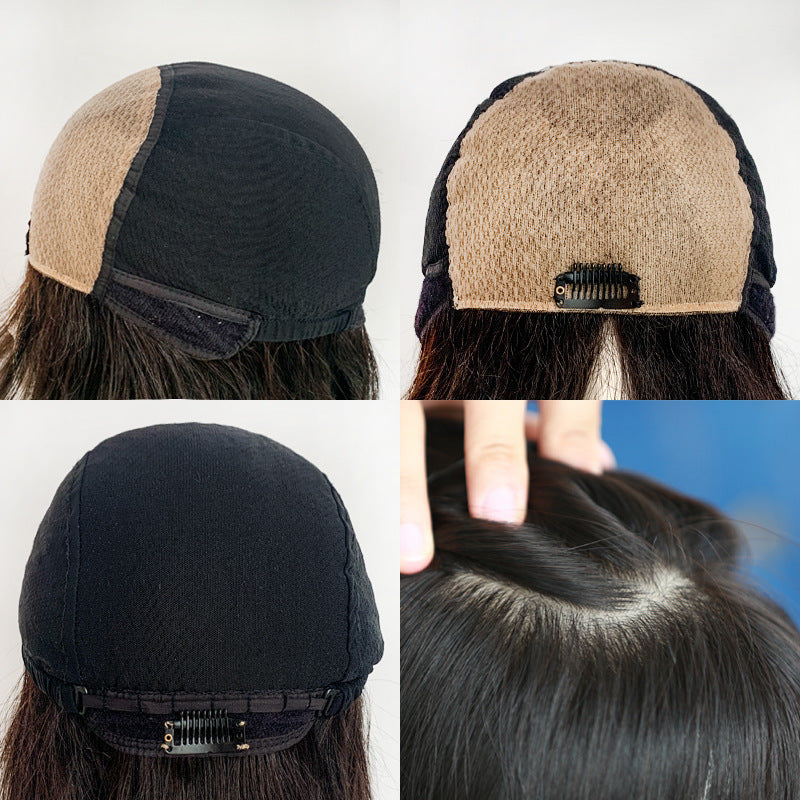 Collage of a hair wig with different angles showing the back and sides.