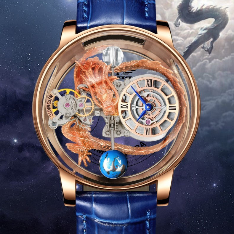 Luxury watch with dragon design and blue leather strap against a starry night sky