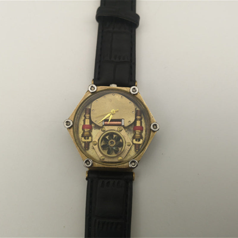 Steampunk-style watch with intricate design on a plain background