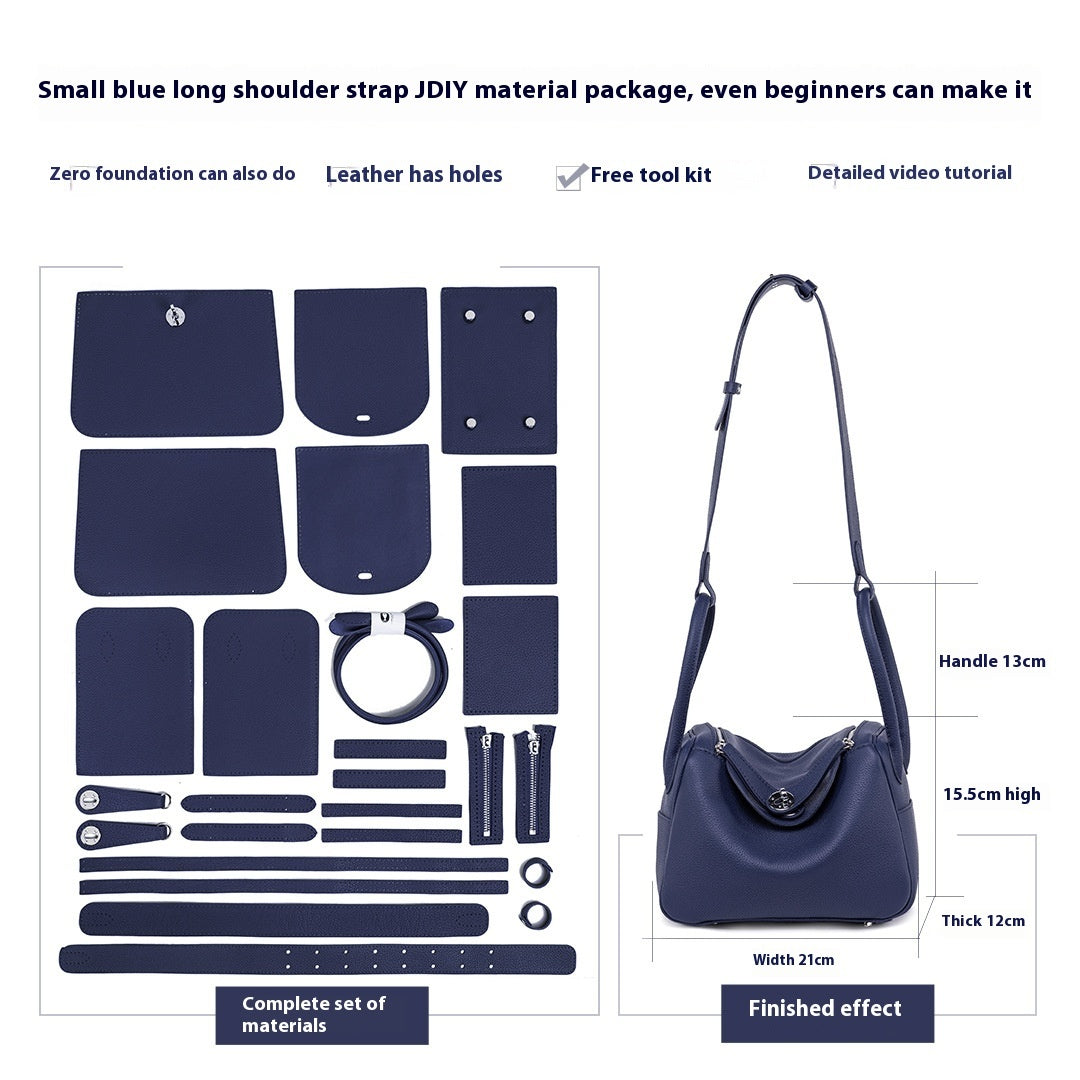 Blue shoulder bag material package with components and finished product on a white background