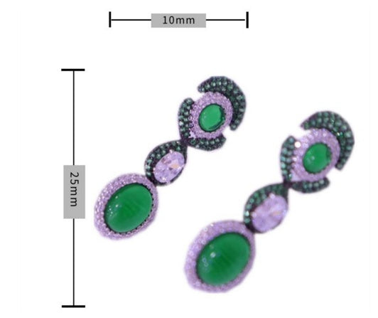 Pair of earrings with green and purple stones, shown with measurements on a white background.