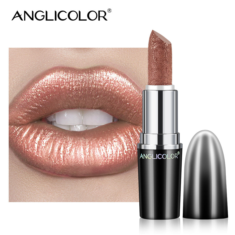 Anglicolor lipstick with a close-up of lips wearing the color on a white background