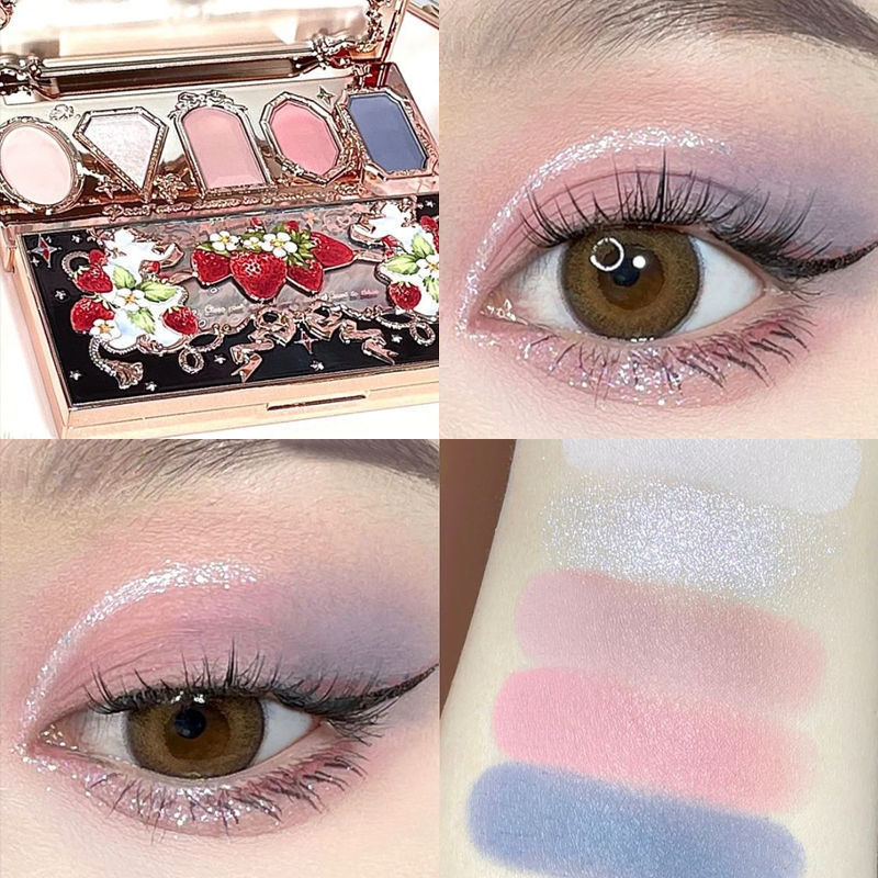 Makeup palette with decorative design, close-up of eyes with glittery eye makeup, and color swatches.