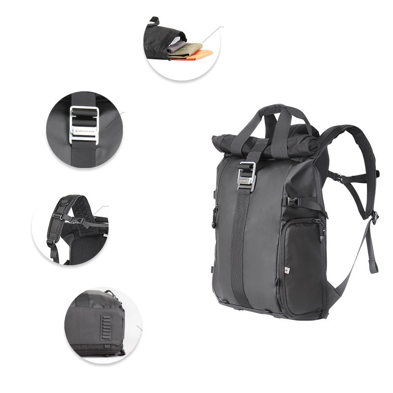 Black backpack with detailed views of zippers and straps on a white background
