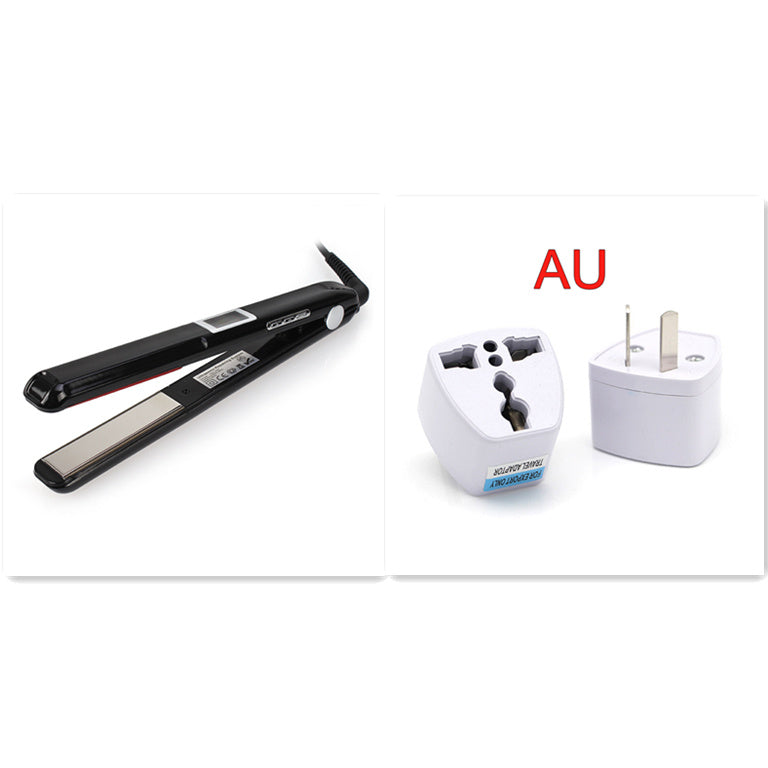 Black hair straightener and two white travel adapters on a white background with 'AU' label.