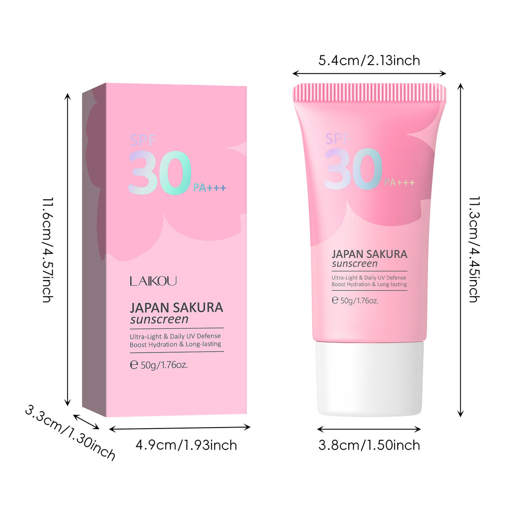 Dimensions of a pink sunscreen packaging and tube with 'LAIKOU' branding on a white background.