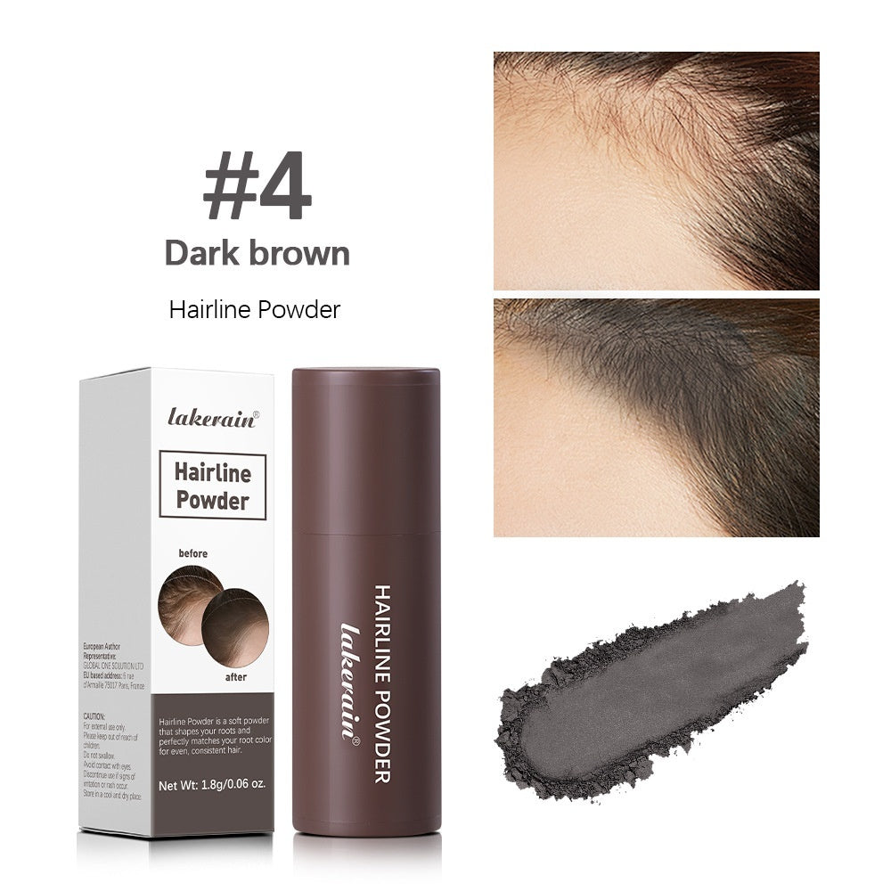 Laketain Hairline Powder packaging with dark brown powder sample and application on hairline.