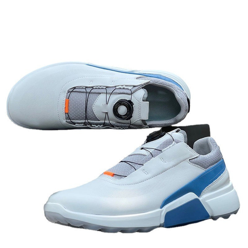 White and blue athletic shoe with a close-up of the sole on a white background