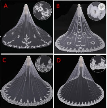 Four views of a wedding veil with intricate designs on a black background.