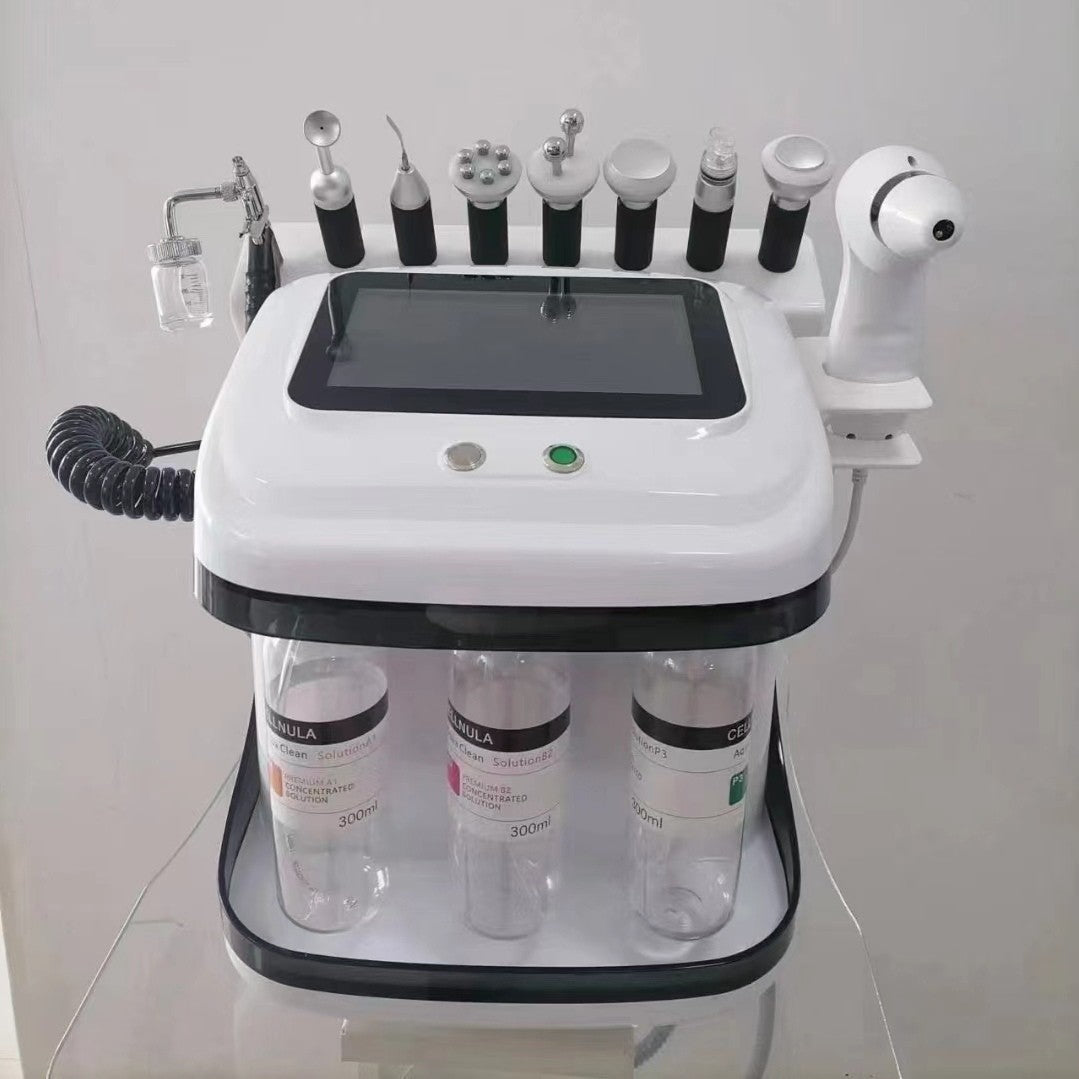 Medical device with various attachments and bottles on a white background