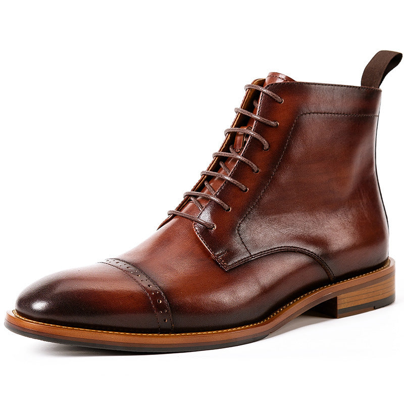 Brown leather boot with laces on a white background