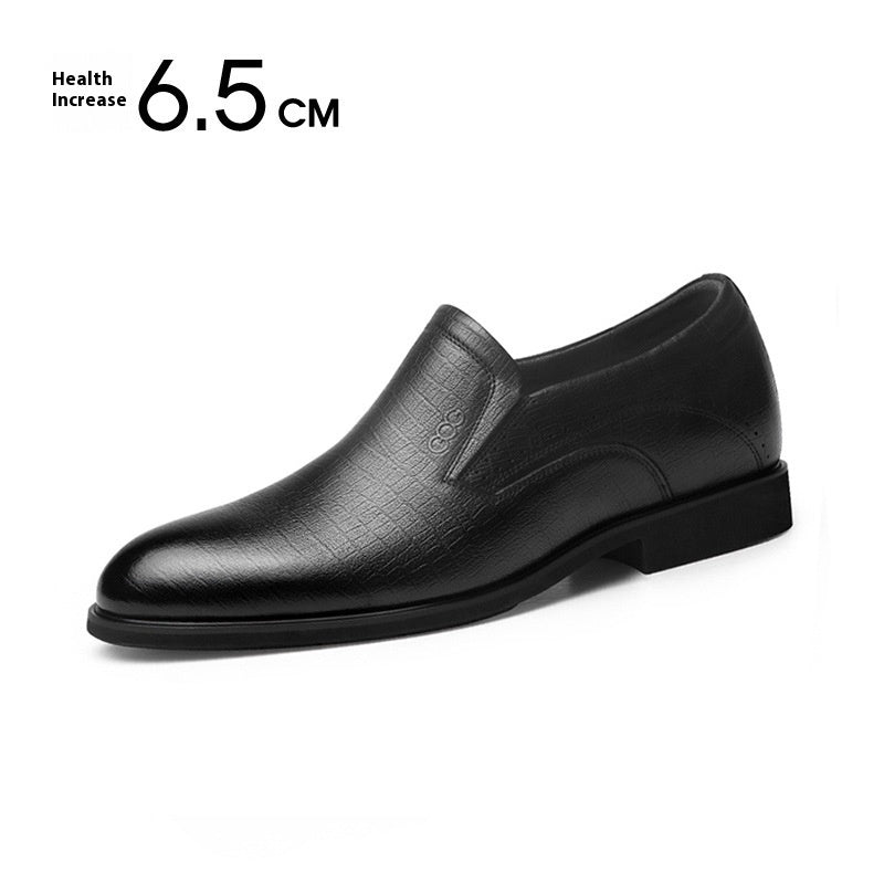 Black leather shoe on a white background with text indicating height increase.