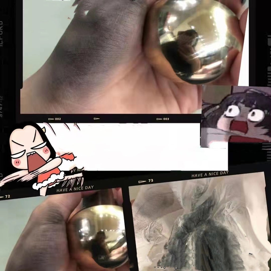 Collage of a hand holding a metallic sphere with various images and text overlay.