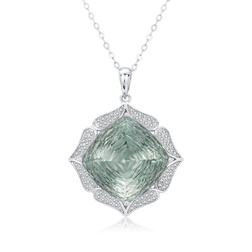 Green gemstone pendant necklace on a white background