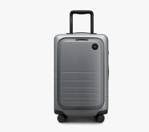 Gray suitcase with wheels on a white background
