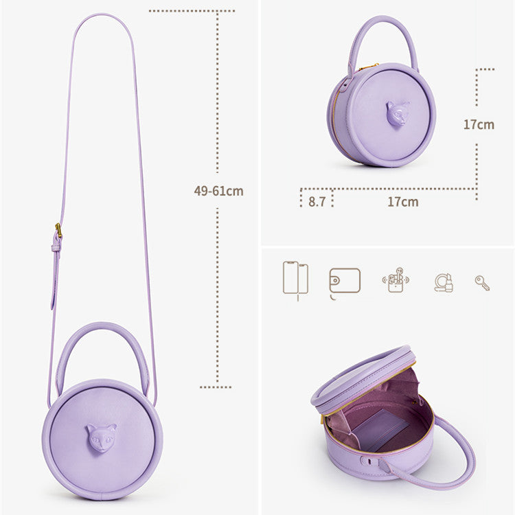 Purple round handbag with measurements and icons on a white background