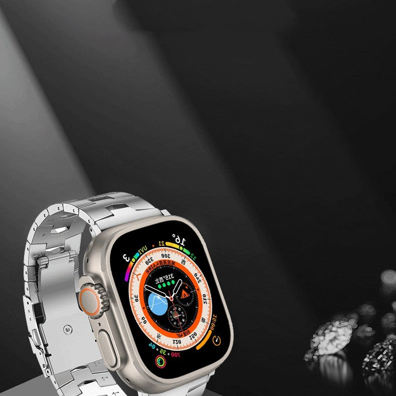 Smartwatch with a metallic band on a dark background