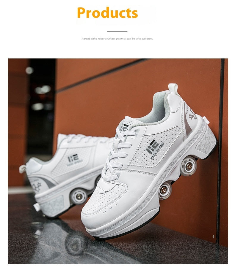 White sneakers with roller wheels on a reflective surface
