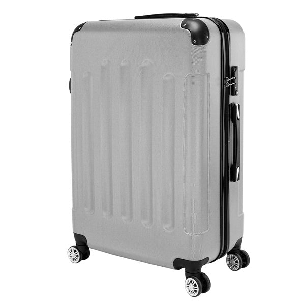 Gray suitcase with black wheels and handle on a white background