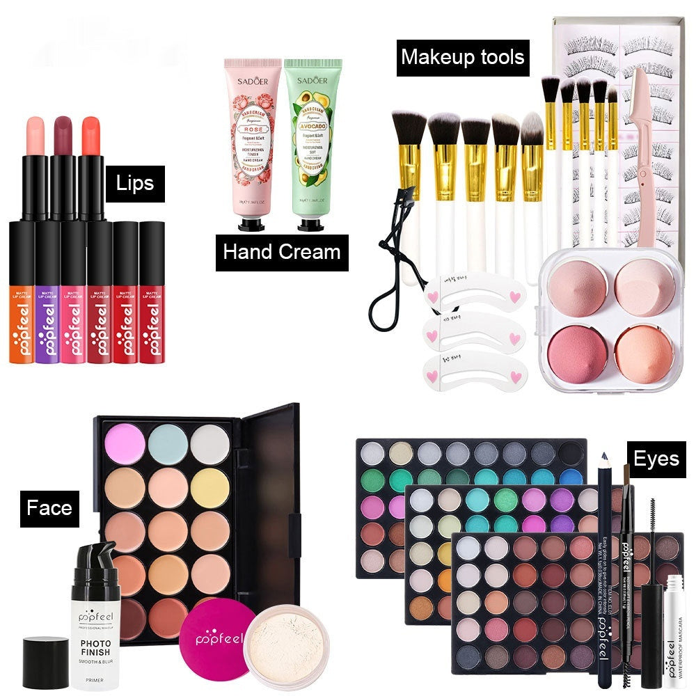 Collection of makeup products including lipsticks, hand cream, and various tools on a white background.