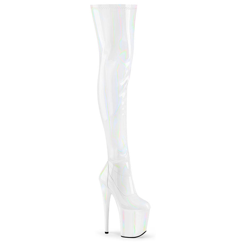 Iridescent thigh-high boot on a white background
