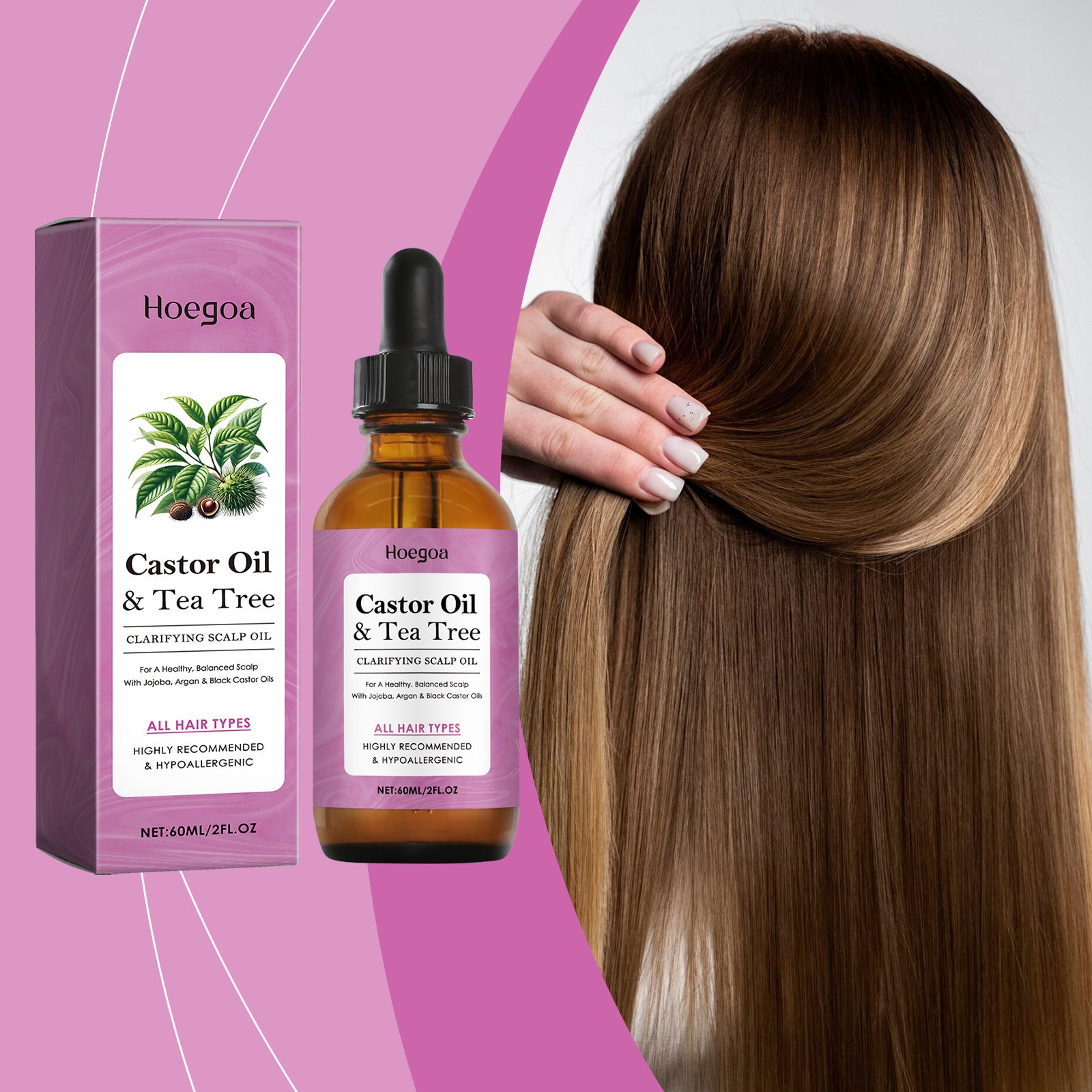 Hoega Castor Oil & Tea Tree oil with a bottle and packaging on a pink background