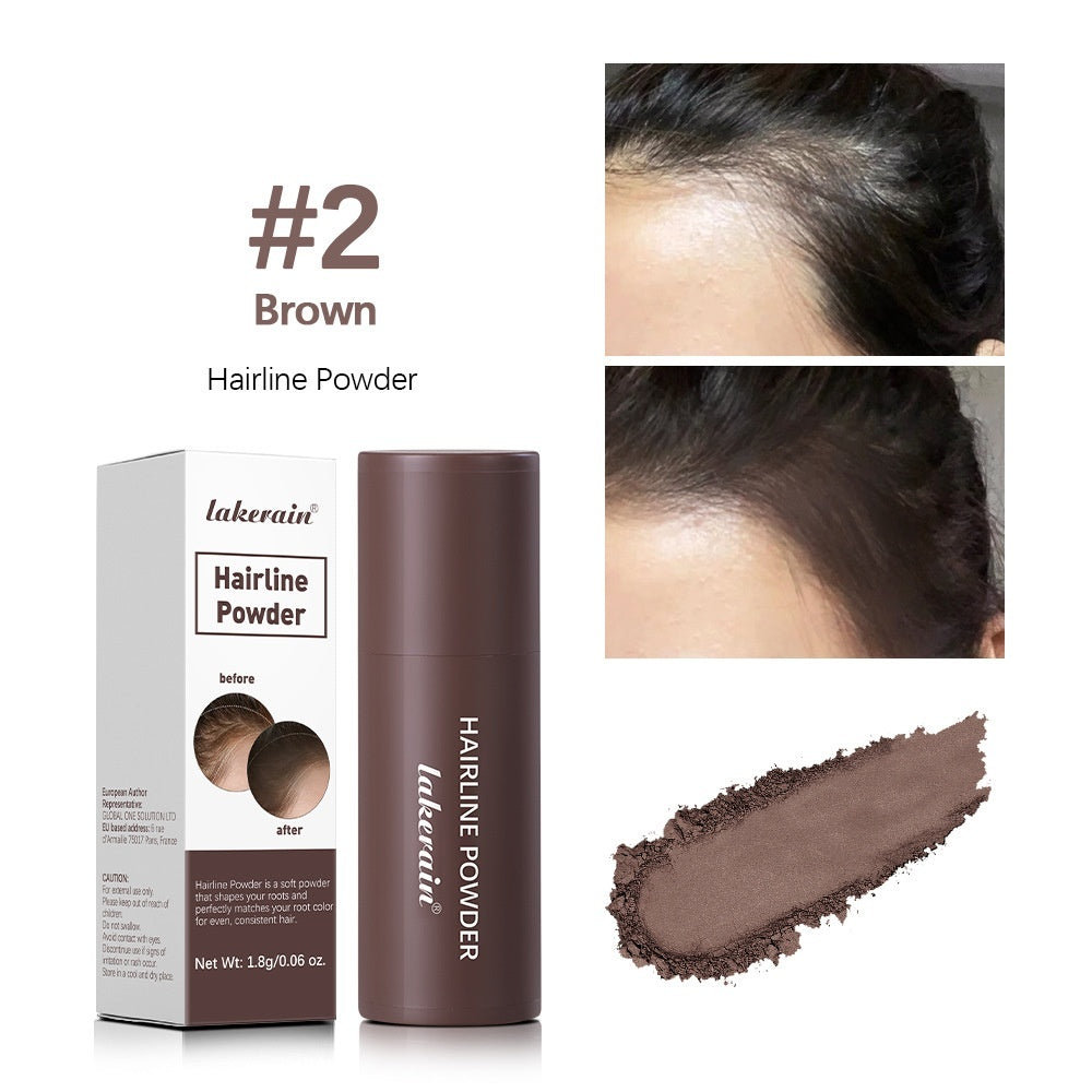 Hairline powder product with packaging, application on hairline, and swatch on white background