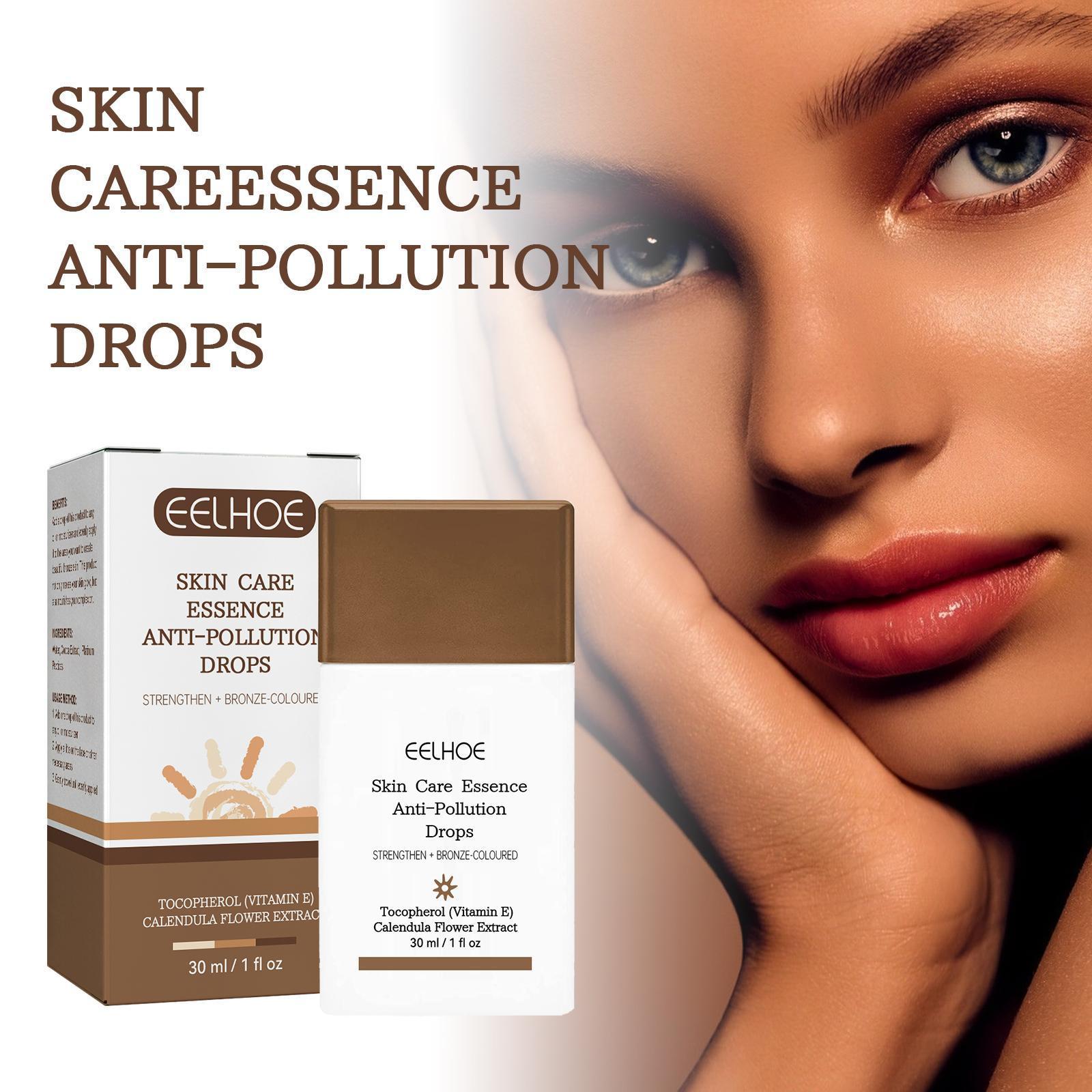 CELHOE Skin Care Essence Anti-Pollution Drops packaging with a model's face in the background