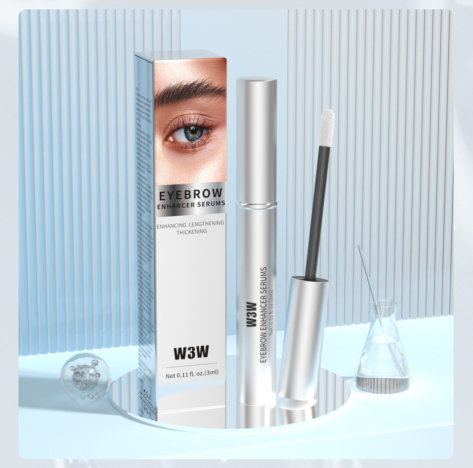 W3W eyebrow serum packaging with a close-up of an eye on a light blue background