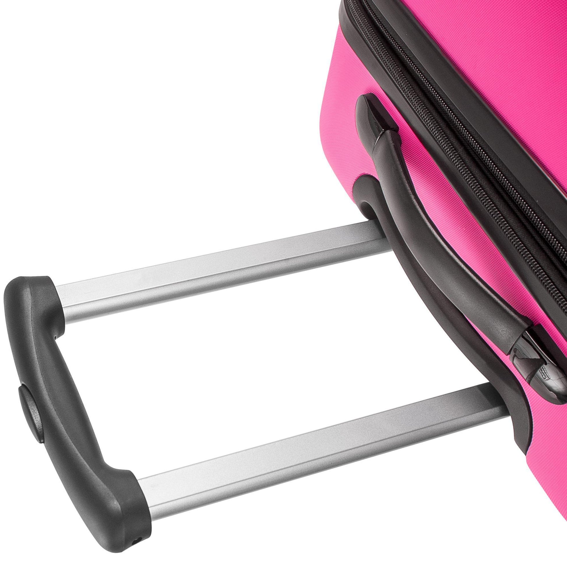 Close-up of a pink suitcase with a black handle and silver wheels on a white background